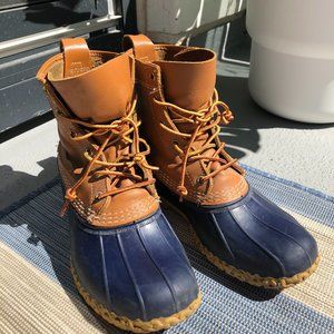 L.L. Bean Duck Boots, 8” size 8 (fits 9) navy/tan